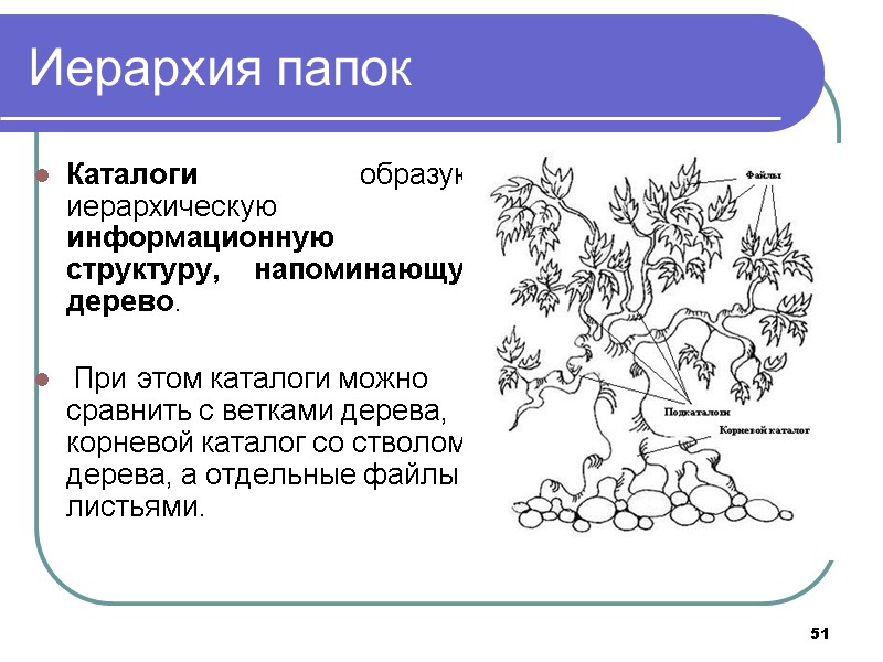 51 Иерархия папок Каталоги образуют иерархическую информационную структуру, напоминающую дерево. При 51 Иерархия папок Каталоги образуют иерархическую информационную структуру, напоминающую дерево. При